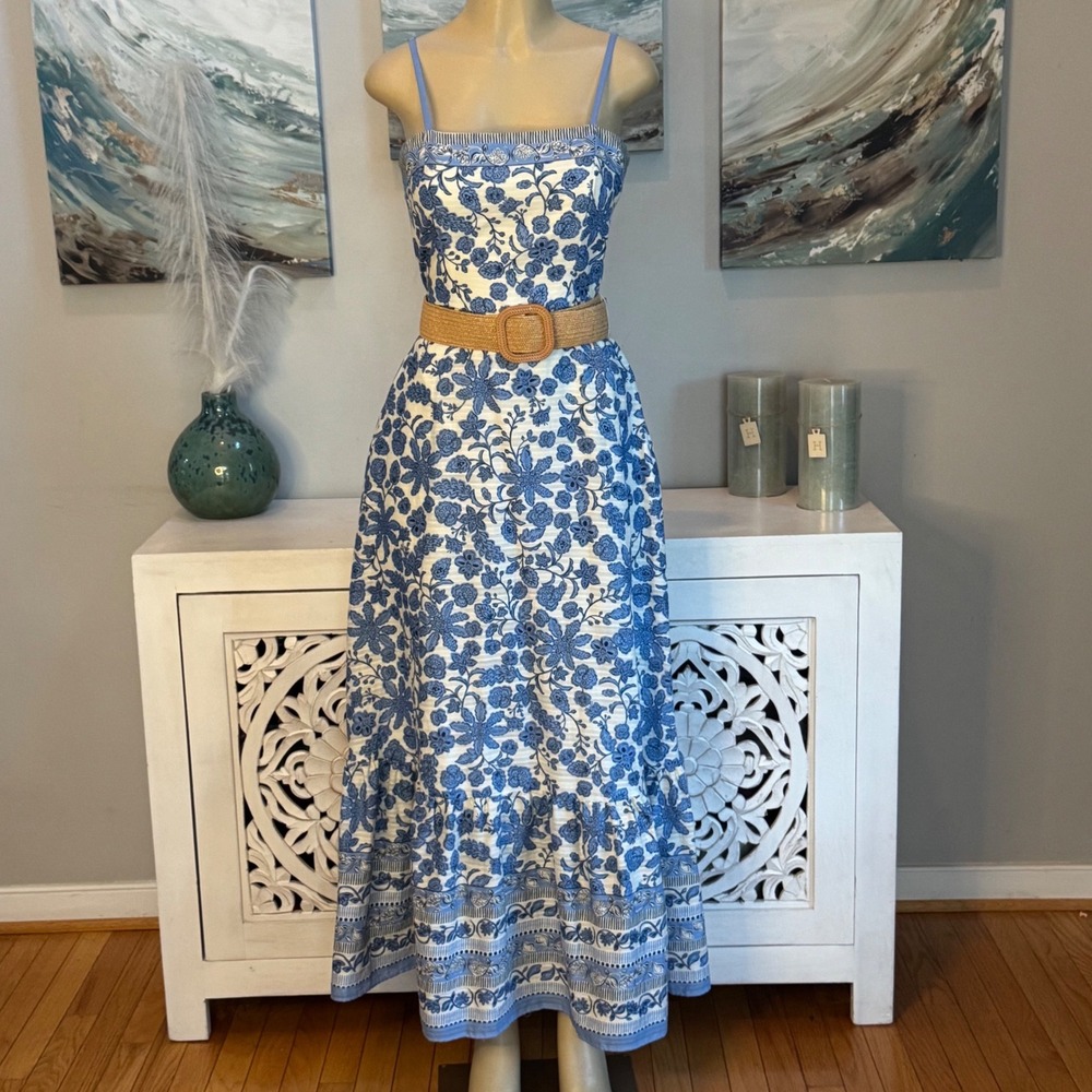 Taylor Women's 8 Blue White Floral Maxi Dress Belted Cotton Pockets